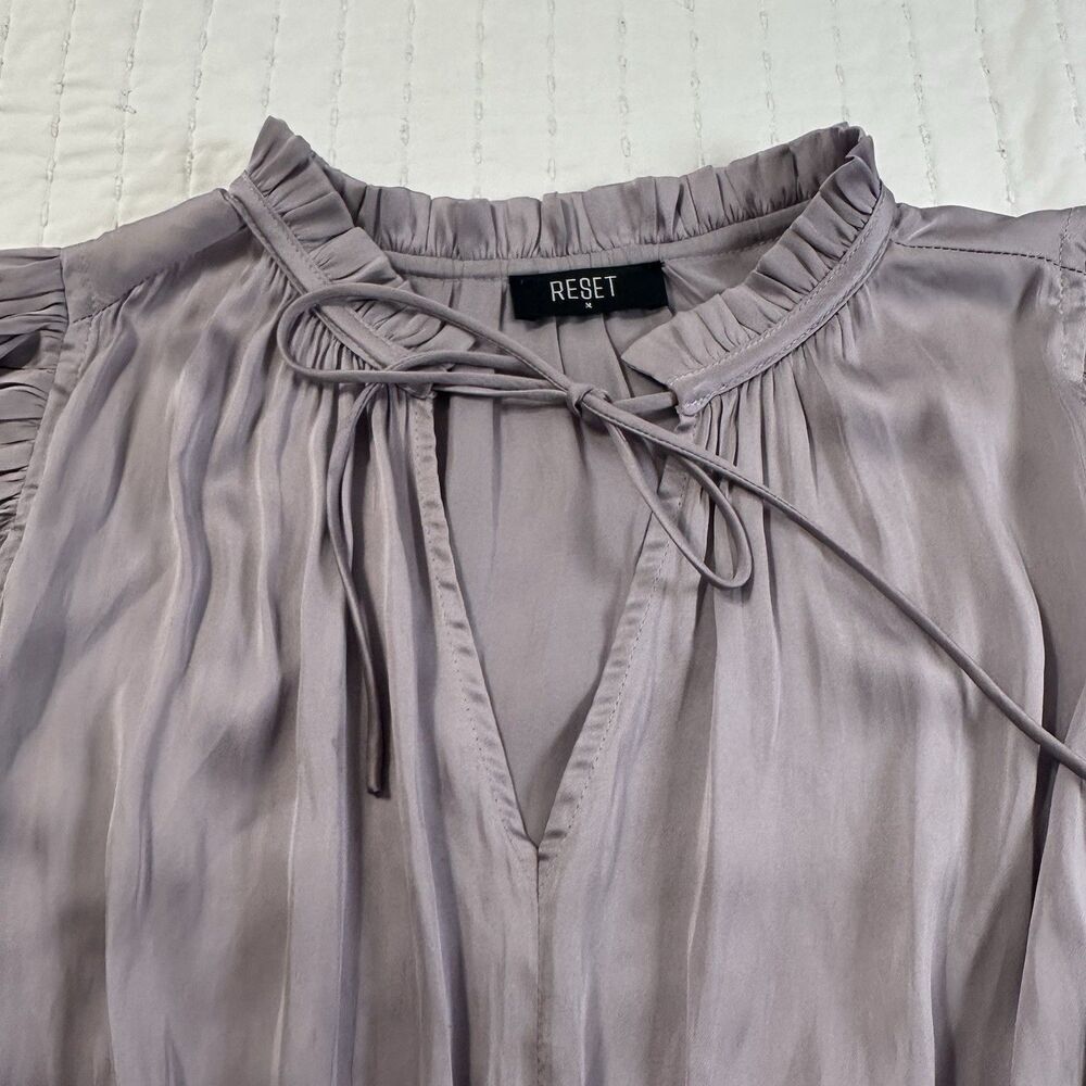RESET by Jane Ruffle Smocked Tiered Mini Dress Pleated Satin Size M Lavender - Picture 14 of 14